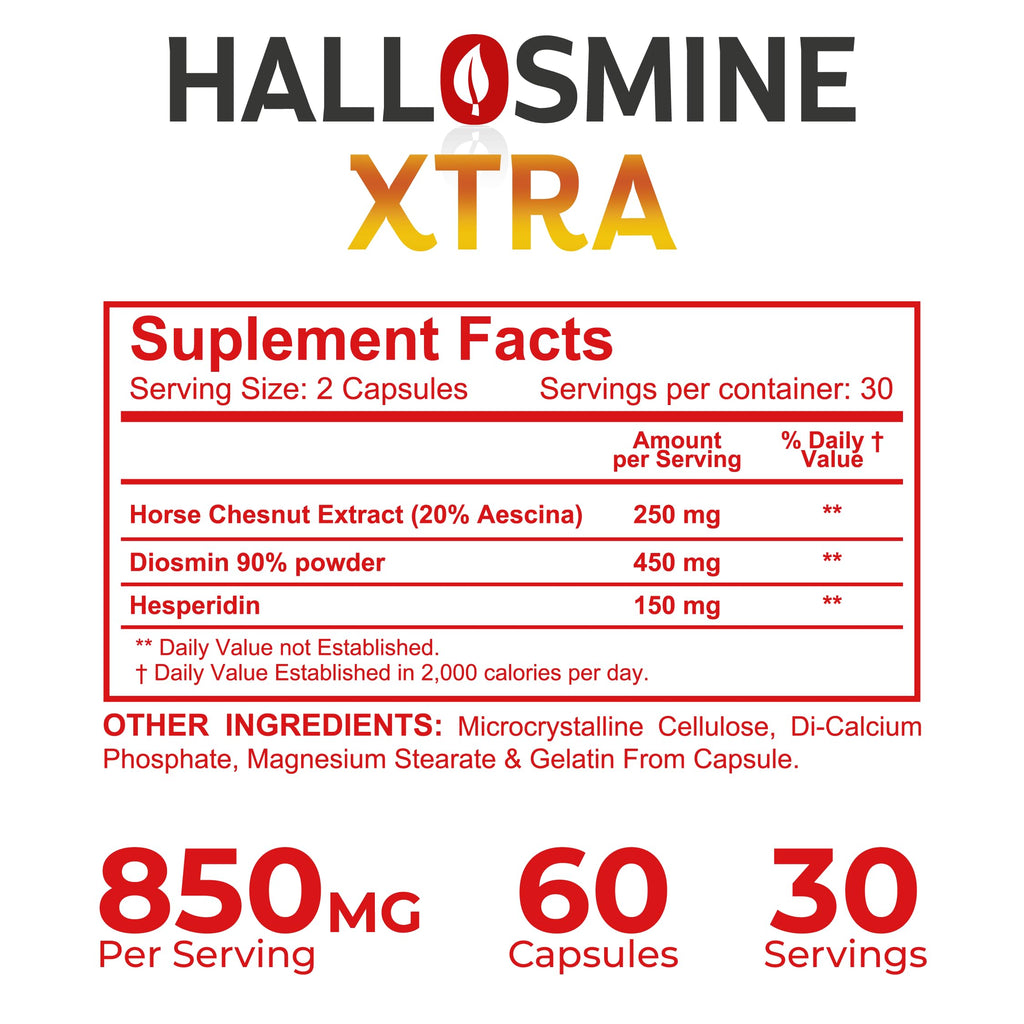 Hallosmine Xtra Circulation & Vein Support, Diosmin, Horse Chesnut & Hesperidin 850mg + FREE Leg Cream | Leg Circulation, Varicose Veins, Spider Veins, Hemorrhoids, Blood Flow, 60 capsules