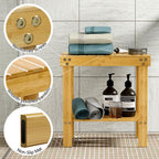 Bamboo Shower Bench, Shower Chair with Non-Slip Feet Storage Shelf Safe and Stable, Kids Adults Wooden Stool for Bathroom, Bedside, Living Room, Spa