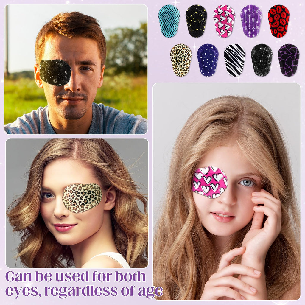 Threlaco 100 Pcs Eye Patches for Adults with 10 Styles 3 x 2 Inch Adhesive Disposable Eye Patch Designs for Women Men Lazy Eyeball Latex Free