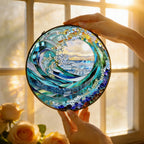 Stained Glass Window Hanging, 7.8" Ocean Wave Stained Glass Suncatcher, Sun Catchers Indoor Window Ornament, Suncatchers for Windows, Doors & Home Decor, Gift for Sea Lovers & Beach Lovers