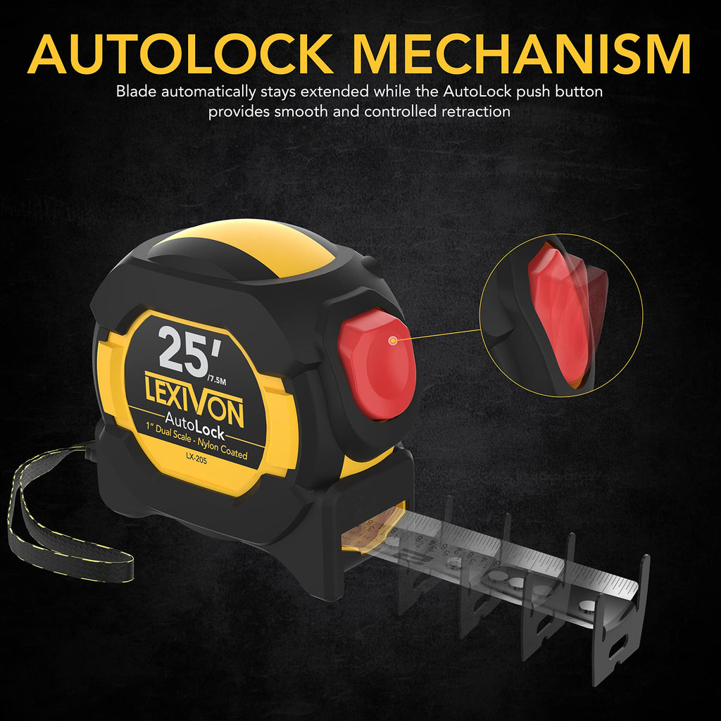 LEXIVON [4-Pack] 25Ft/7.5m AutoLock Tape Measure | 1-Inch Wide Blade with Nylon Coating, Matte Finish White & Yellow Dual Sided Rule Print | Ft/Inch/Fractions/Metric (LX-205X4)