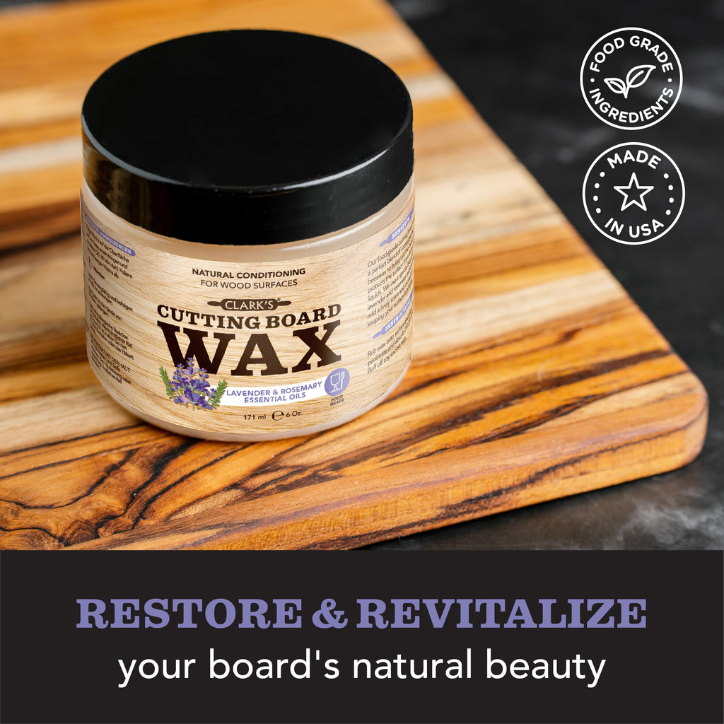 CLARK'S Cutting Board Wax - 2-in-1 Wood Butter & Food Grade Mineral Oil with Beeswax – Butcher Block Conditioner for Cutting Boards – Lavender & Rosemary Essential Oil Scent – Made in USA, 6oz