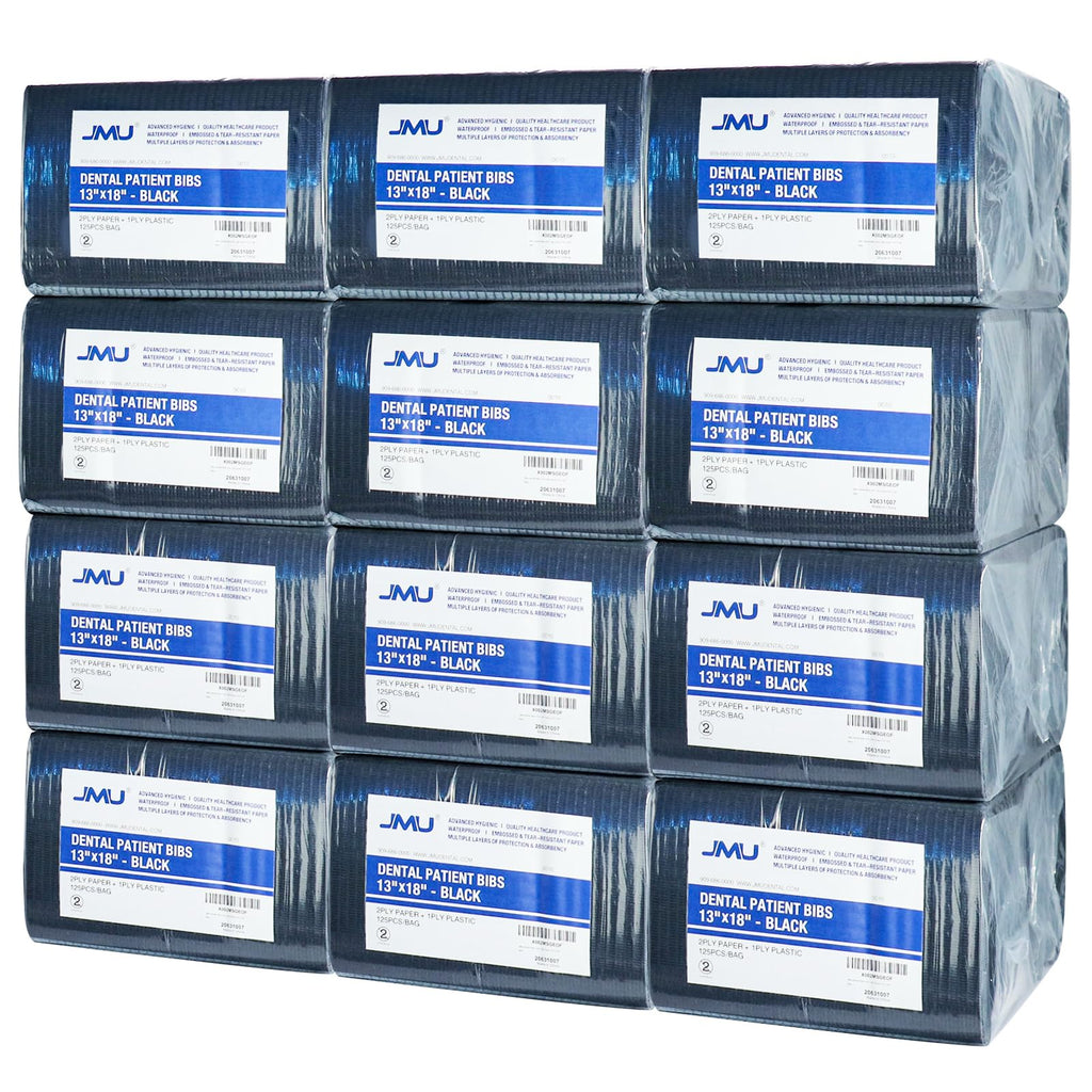 JMU Black Dental Bibs Disposable 1500, 2-Ply Paper 1-Ply Film, 13"x 18"