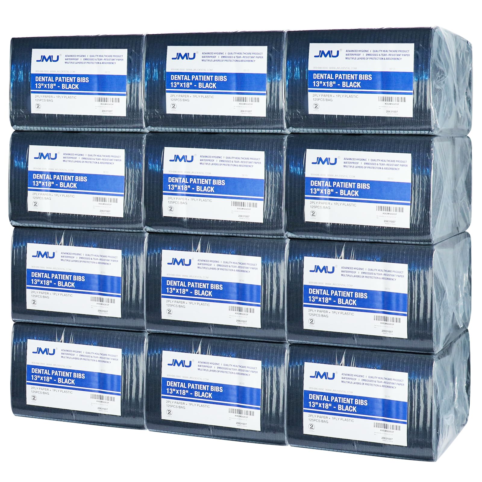 JMU Black Dental Bibs Disposable 1500, 2-Ply Paper 1-Ply Film, 13"x 18"