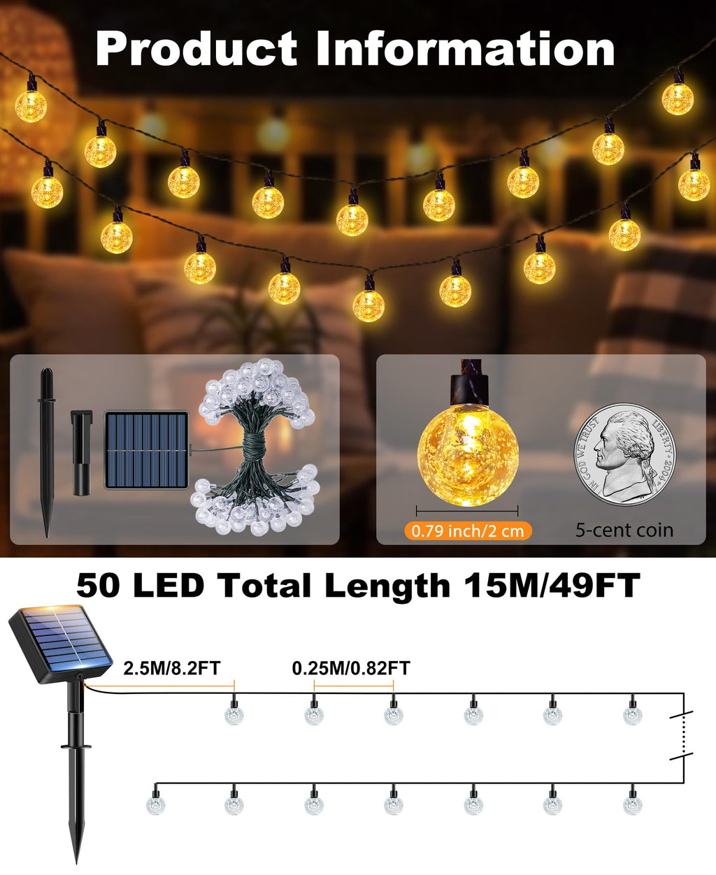 btfarm 4 Pack Solar String Lights Outdoor Waterproof, Each 49 FT 50 LED Solar Powered Patio Light, 8 Lighting Modes Crystal Globe Decor for Garden Yard Porch Party Wedding, Warm White