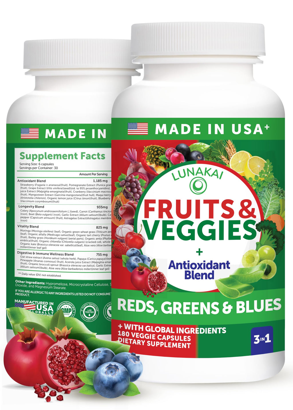 Lunakai USA Made Superfood Fruits & Veggies Supplement - All-in-One with 4 Blends & Scented Capsules, 180ct Super Veggie Capsules for Adults