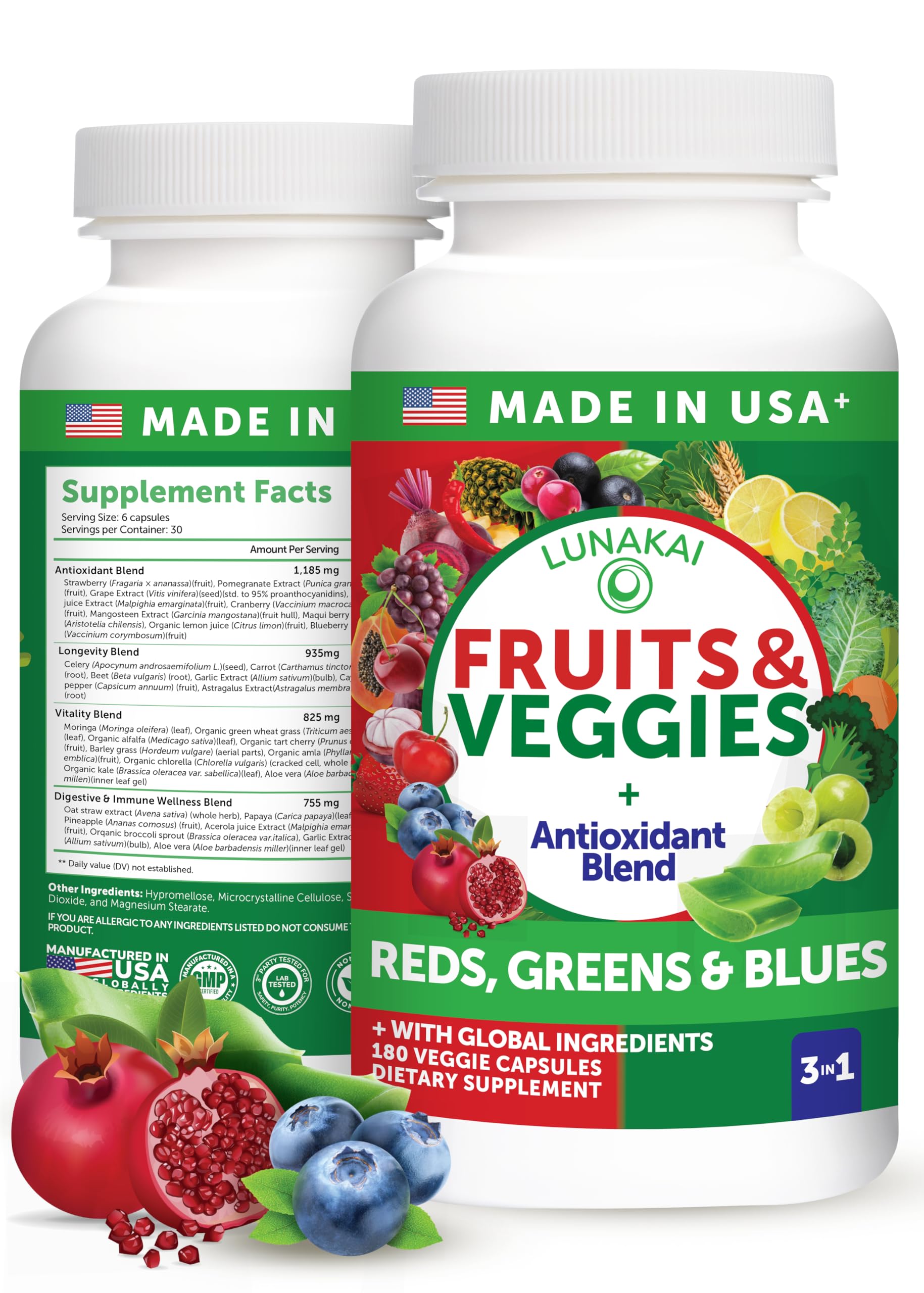 Lunakai USA Made Superfood Fruits & Veggies Supplement - All-in-One with 4 Blends & Scented Capsules, 180ct Super Veggie Capsules for Adults