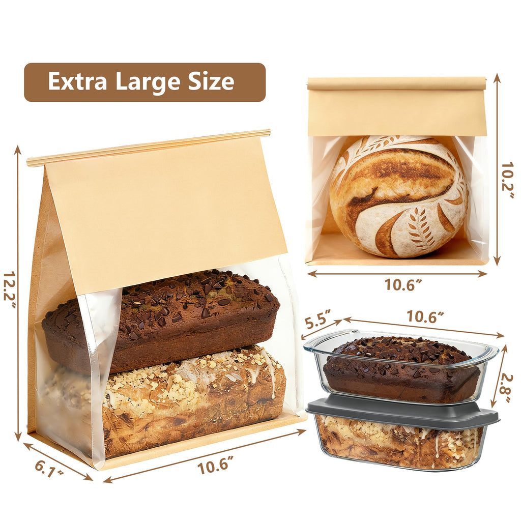 100 Pack Extra Large Paper Bread Bags for Homemade Bread Sourdough Bags, 12.2x10.6x6.1 Inches Resealable Tin Tie Tab Lock Bakery Loaf Bag with Window, Baked Goods Packaging for Gifting and Bake Sale