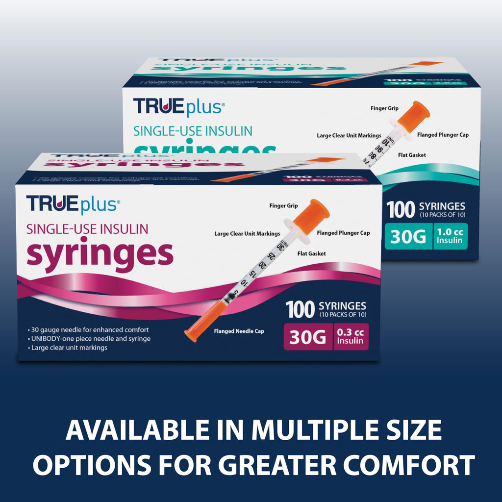 TRUEplus Single-Use Insulin Syringes, 30G 0.5cc 5/16 Inch Needle Length, 100 Count (10 Packs of 10)