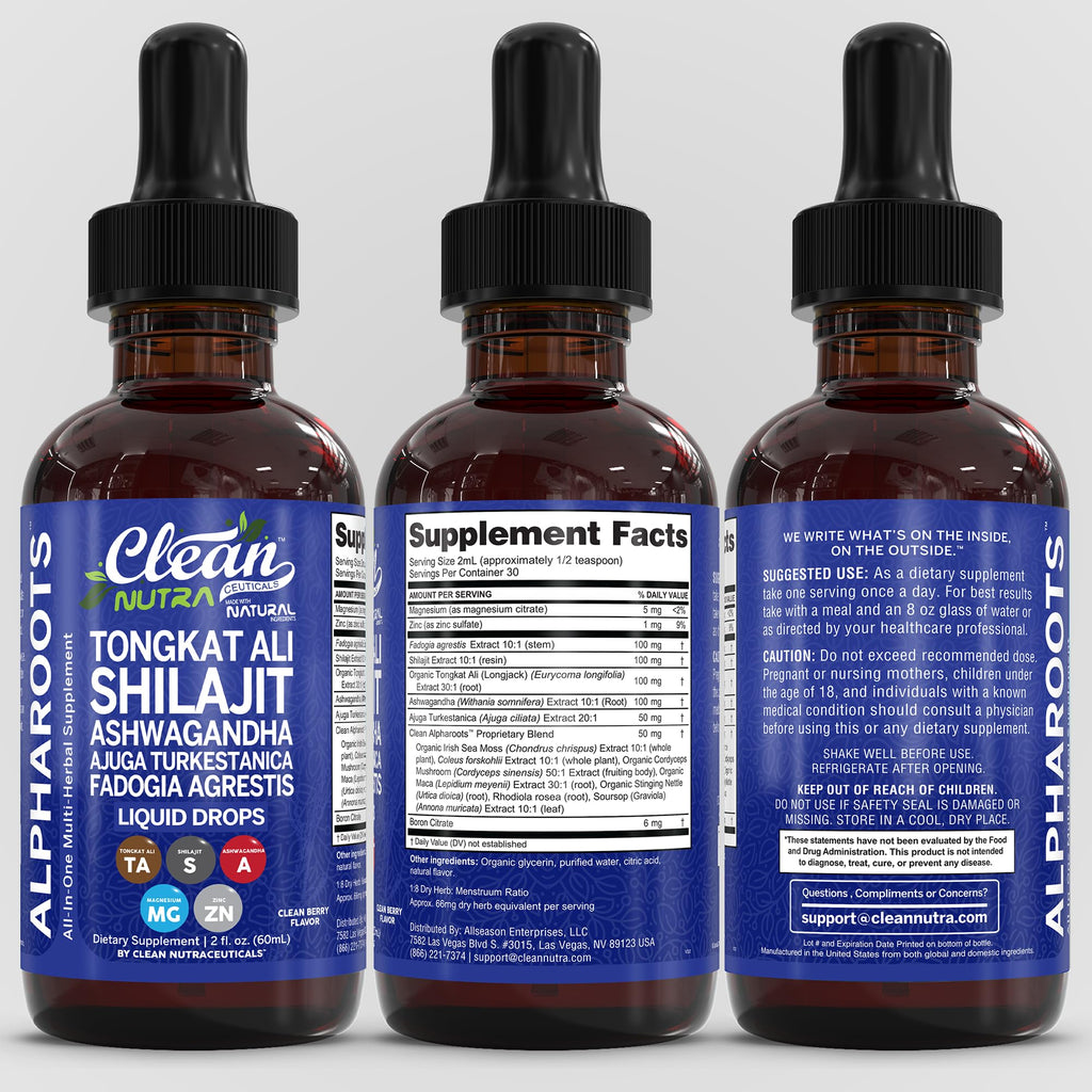 Tongkat Ali Liquid Drops Shilajit, Ashwagandha, Turkesterone, Fadogia Agrestis, Magnesium, Irish Sea Moss, and Zinc Herbal Supplement by Clean Nutra