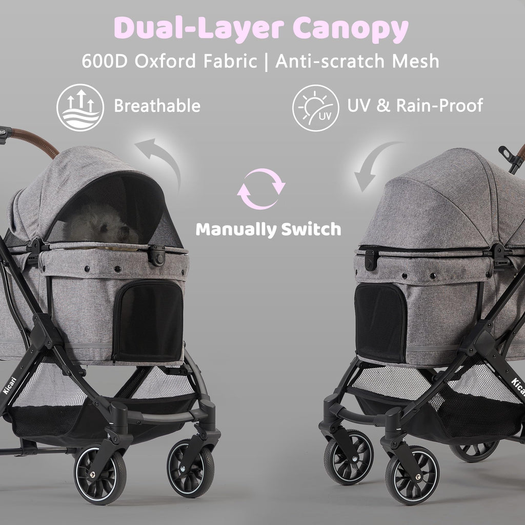 Kicari All-Terrain Dog Stroller for Small to Medium Dogs, Pet Stroller for Dogs & Cats Outdoor Walks, One-Hand Easy Fold, Double-Layer Anti-UV & Waterproof Canopy & Breathable Mesh, Charcoal Gray