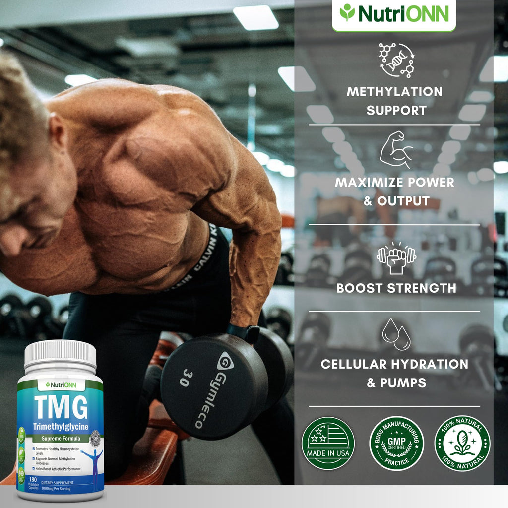 TMG Trimethylglycine Supplement - 1000mg - 180 Capsules - Premium Pure Betaine Anhydrous - Supports Normal Homocysteine & Blood Pressure Levels - Promotes Methylation Processes - Non-GMO Formula