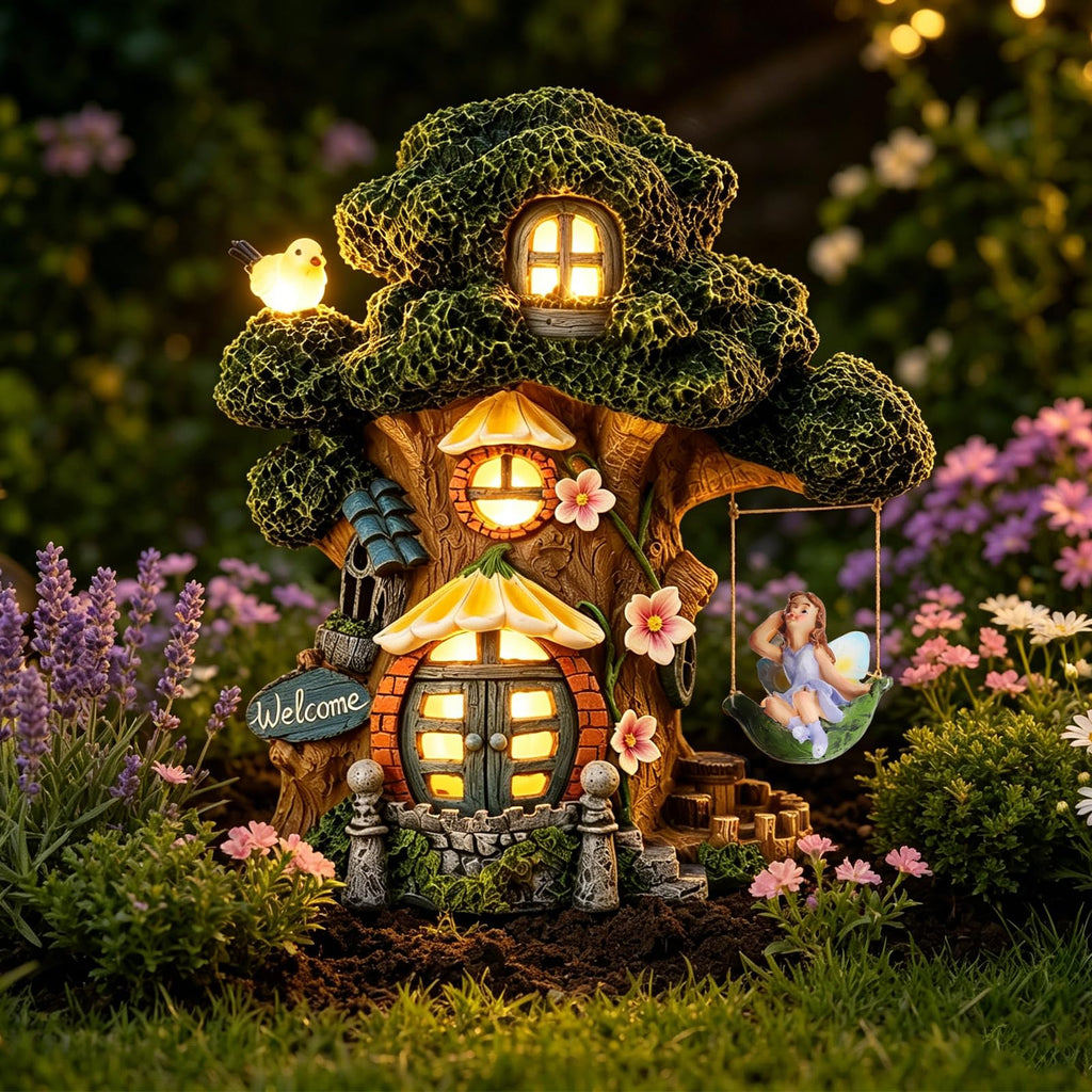 Fairy Garden House, Solar Fairy Houses for Outside, Tree Stump Cottage