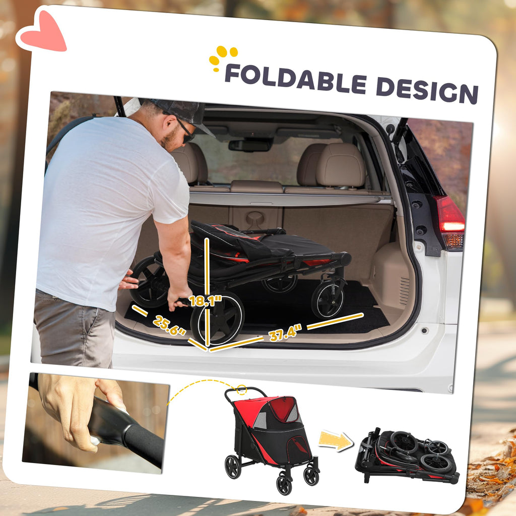 PawHut Dog Stroller for Large Medium Small Dogs up to 66 Lbs. 23.5" in Body Length, One-Click Foldable Pet Cat Stroller with Storage, Shock Absorption Wheels, Mesh Window, Safety Leash, Red