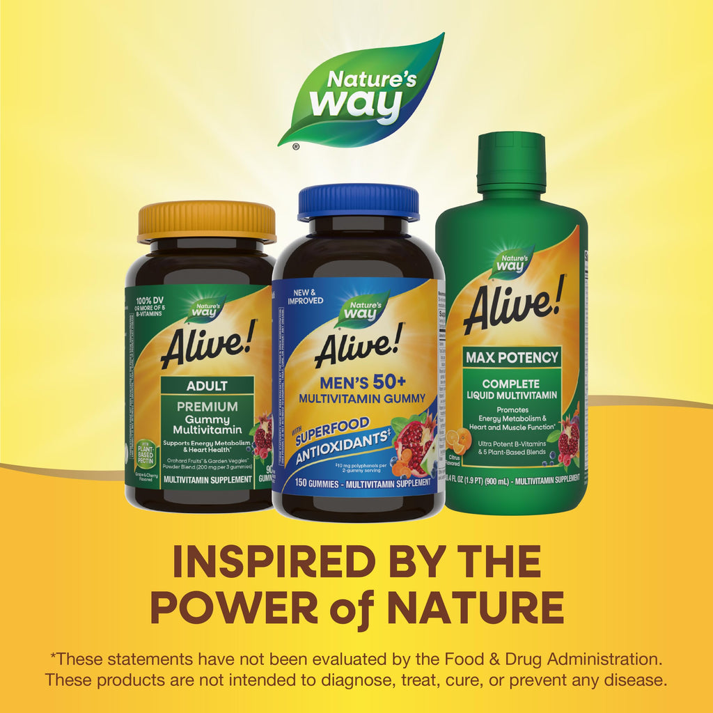 Nature's Way Alive! Men’s 50+ Daily Gummy Multivitamins, Supports Healthy Brain, Eyes, Heart*, B-Vitamins, Gluten-Free, Fruit Flavored, 150 Gummies (Packaging May Vary)