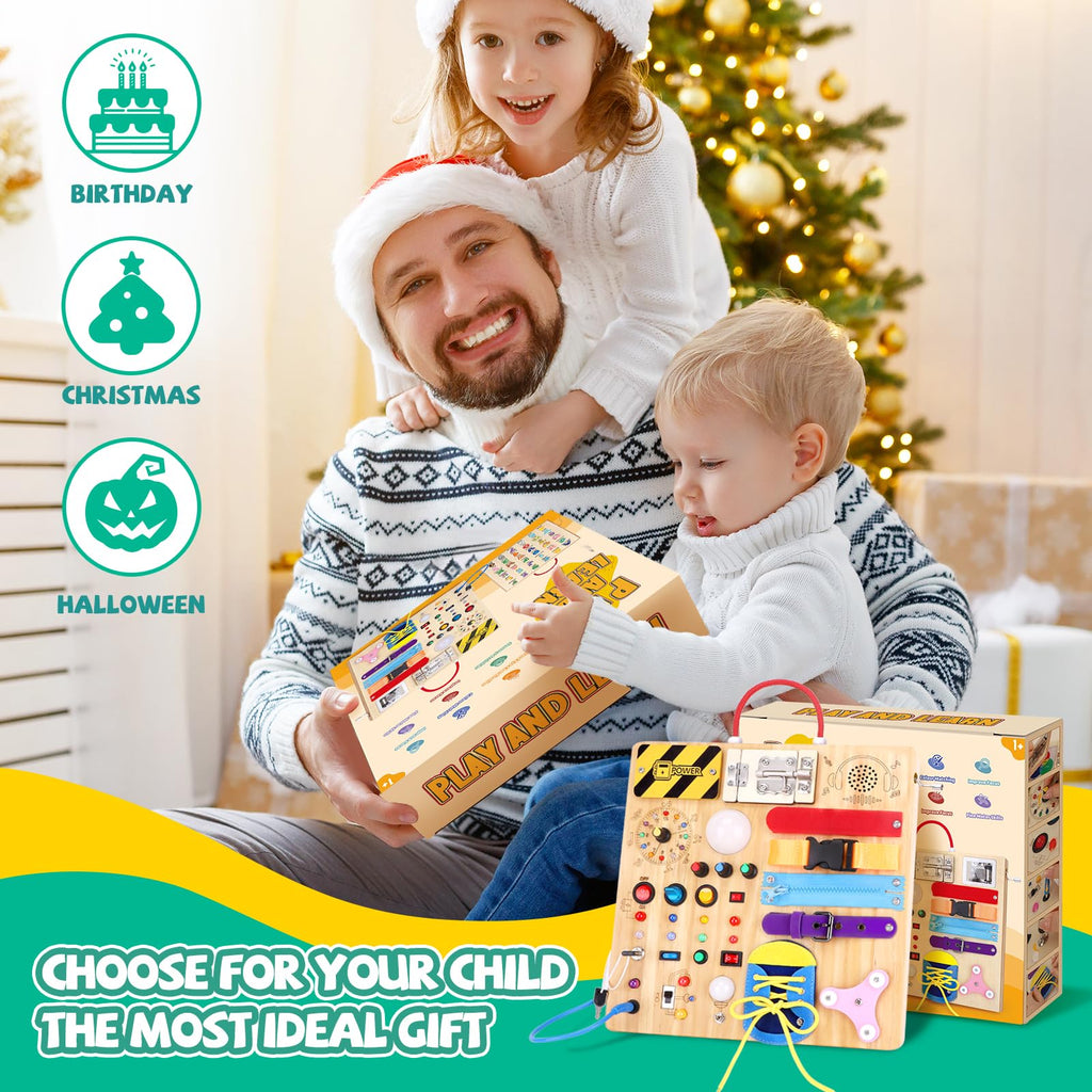 Iabedi Busy Board,Montessori Toys for 1-3 Years Old, Wooden Toddler Toys, Autism Sensory Travel Toy, Ideal Gift for 1+ Year Old Boys (Busy Board Plus v3)