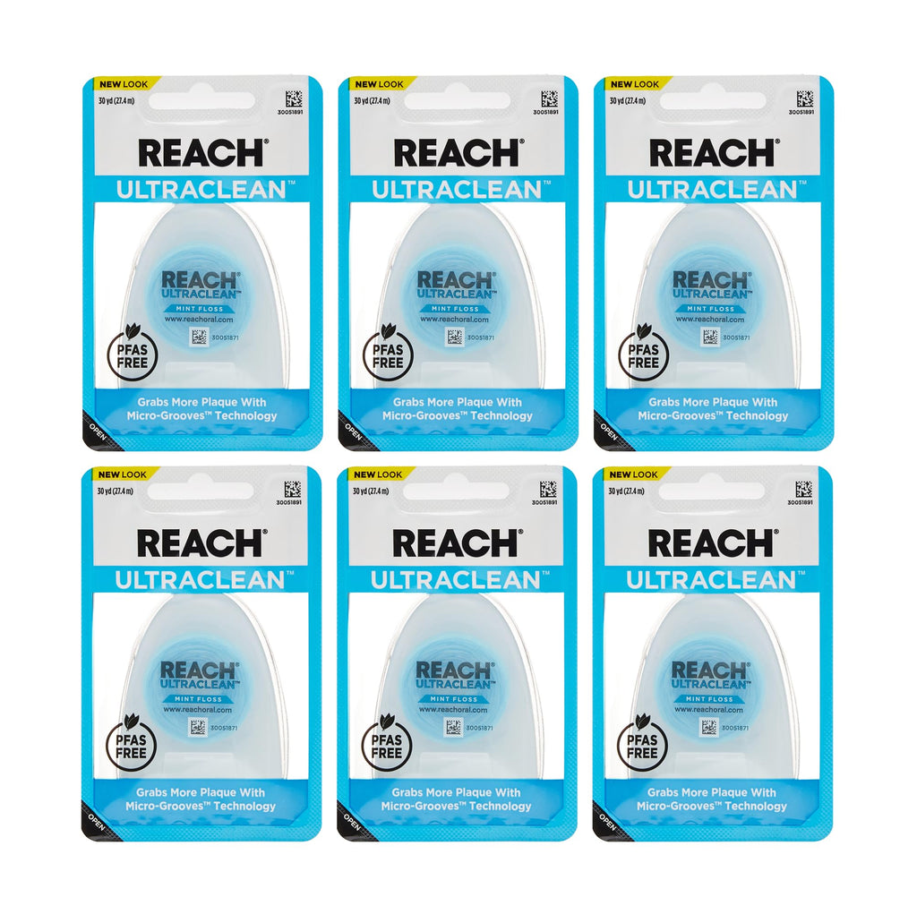 REACH Ultraclean Dental Floss, Mint, Plaque Remover for Teeth, Shred Resistant, Waxed, Easy on Gums & Teeth, Mint, Oral Care, PFAS Free, for Adults & Kids, 6 Pack, 30 yd