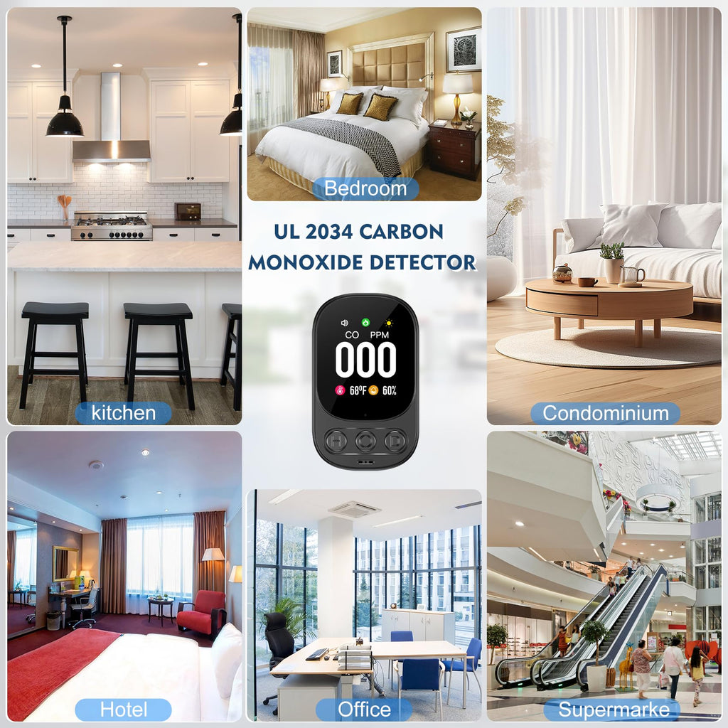 Lunarlipes Carbon Monoxide Detectors Plug in, 3-in-1 CO Detector with Temp/Hum Sensor, Portable Travel Carbon Monoxide Alarm with 85dB Alarm, Real-Time CO Monitor Easy to Read & Install (Black-2 Pack)