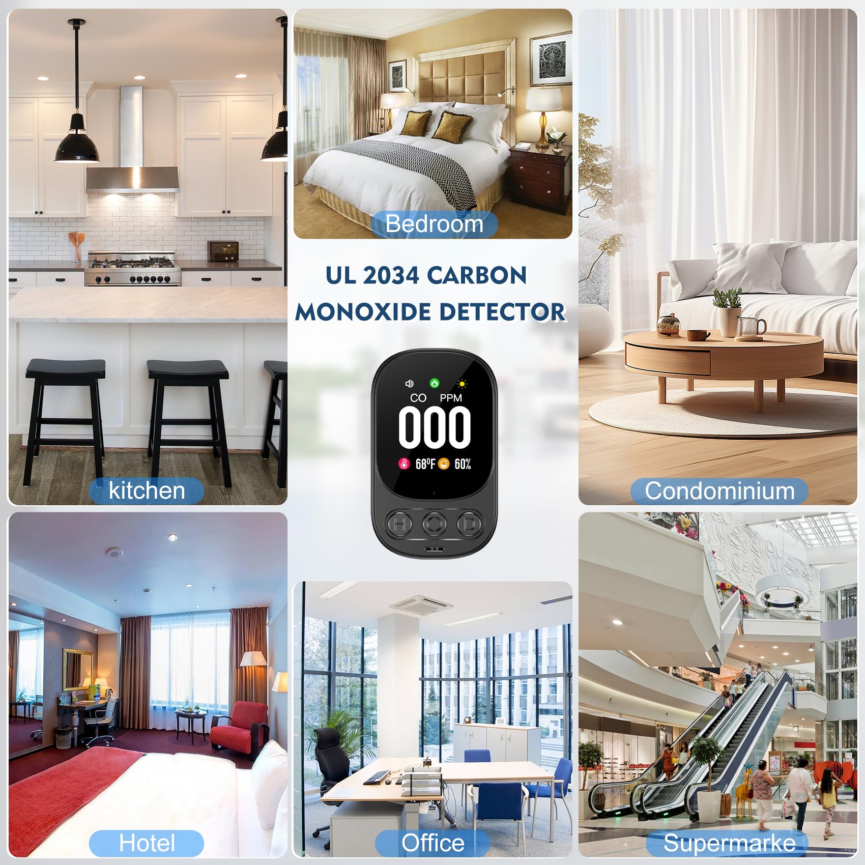 Lunarlipes Carbon Monoxide Detectors Plug in, 3-in-1 CO Detector with Temp/Hum Sensor, Portable Travel Carbon Monoxide Alarm with 85dB Alarm, Real-Time CO Monitor Easy to Read & Install (Black-2 Pack)