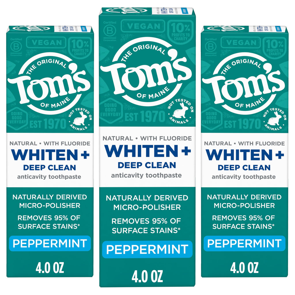 Tom's of Maine Whiten Plus Deep Clean Whitening Toothpaste, Natural Whitening Toothpaste with Plant-Based Cleansers, Enamel Safe, Whitens Without Causing Sensitivity, Peppermint, 4.0 oz (Pack of 3)