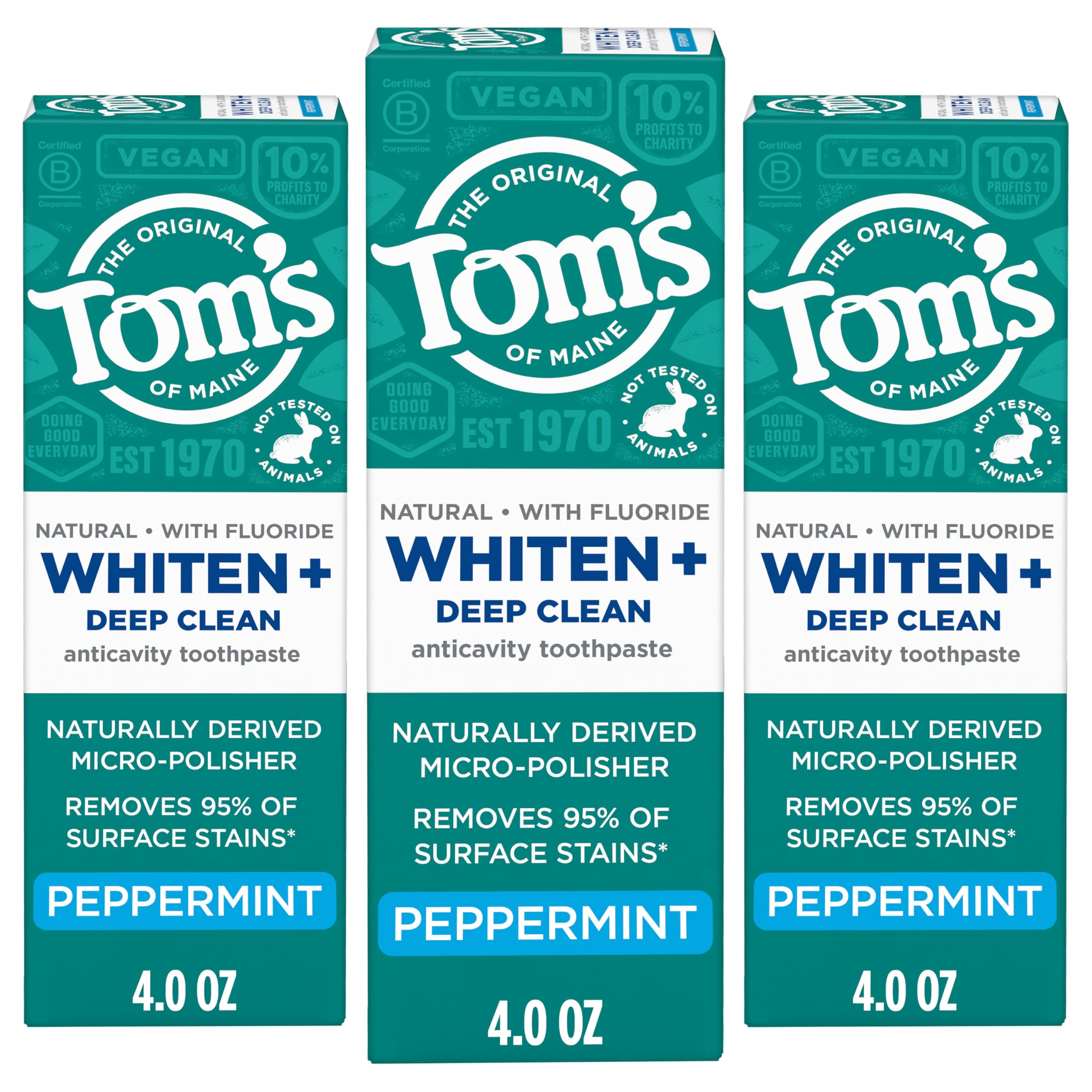 Tom's of Maine Whiten Plus Deep Clean Whitening Toothpaste, Natural Whitening Toothpaste with Plant-Based Cleansers, Enamel Safe, Whitens Without Causing Sensitivity, Peppermint, 4.0 oz (Pack of 3)