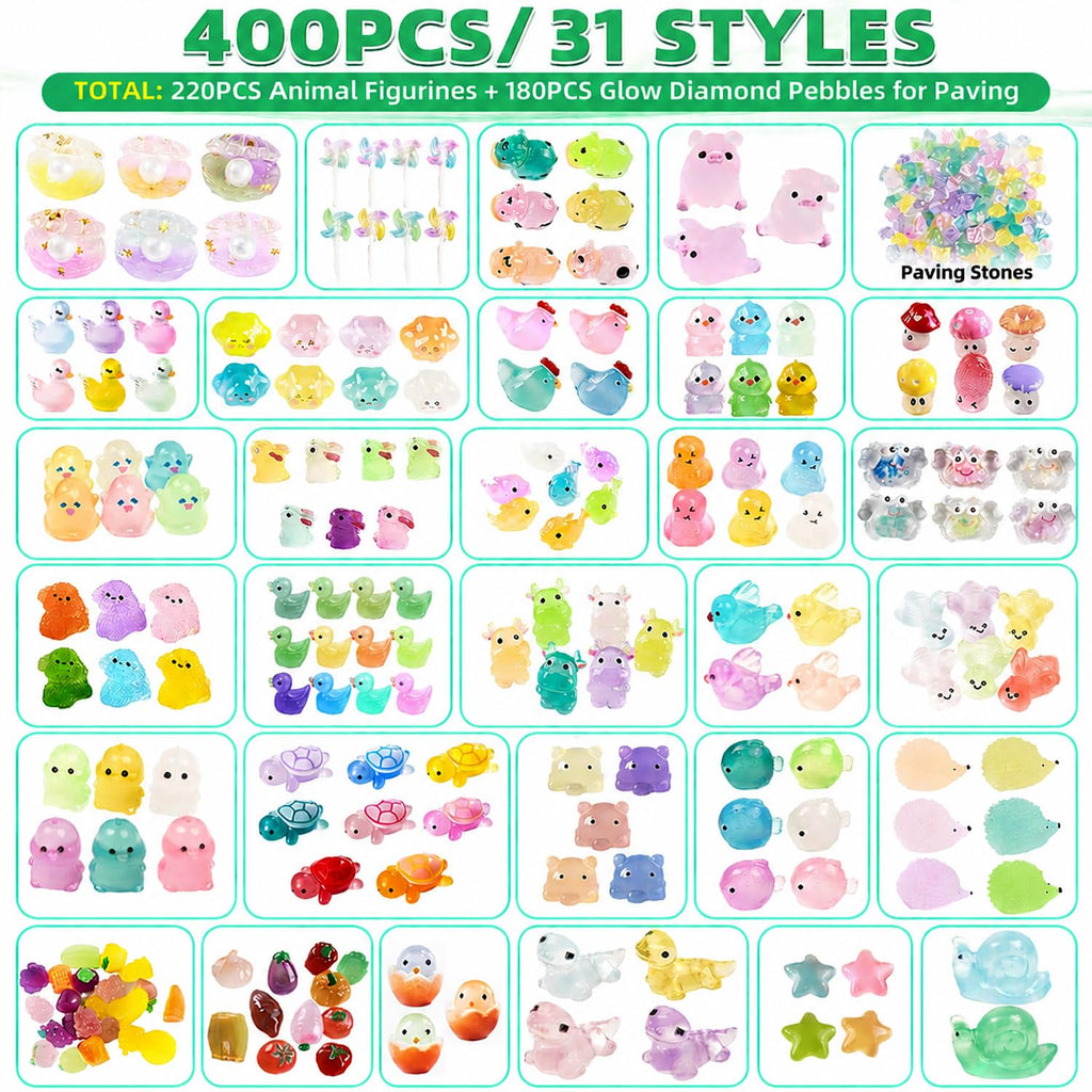 LJMBOEN 400pcs Luminous Mini Resin Animal in The Dark Tiny Miniature Figures Ornament Duck Frog Mushroom Owl Dog Rabbit Crab Dolphin Shell Fairy Garden Accessories Aquarium Landscape Bonsai Decor