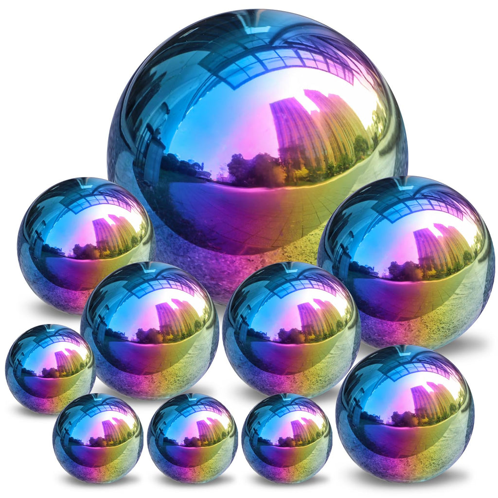 yarlung 10 Pack Stainless Steel Rainbow Gazing Balls, 50-150 mm Garden Mirror Globe Floating Sphere, Polished Hollow Ball Reflective Ornament for Home Yard Outdoor Lawn Decoration