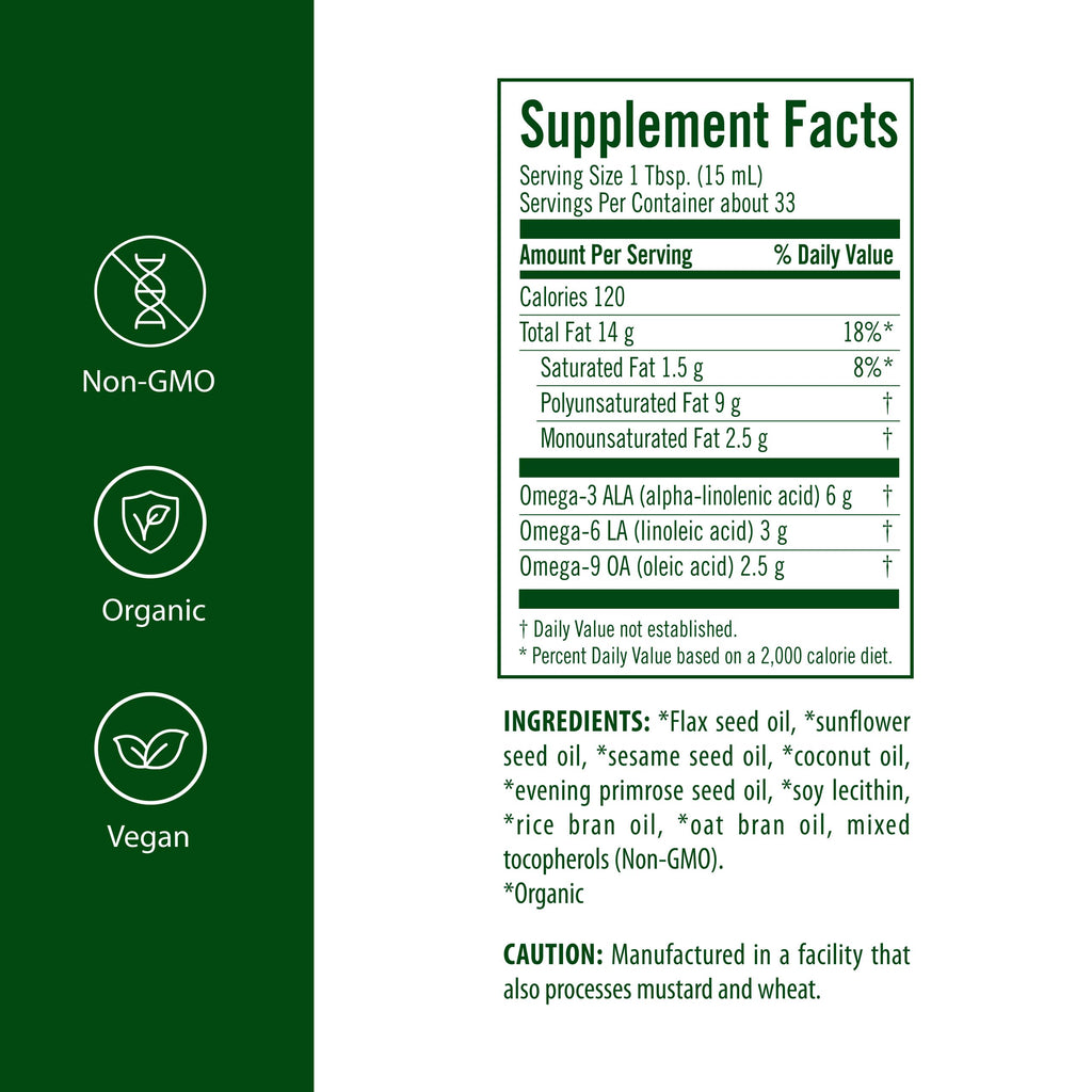 Flora - Udo's Choice Omega 369 Oil Blend, Made with Organic Flax, Sesame & Sunflower Seed Oils, Plant-Based Vegan Omega Fatty Acids, Based on Ideal 2:1:1 Ratio, 17-fl, oz. Glass Bottle