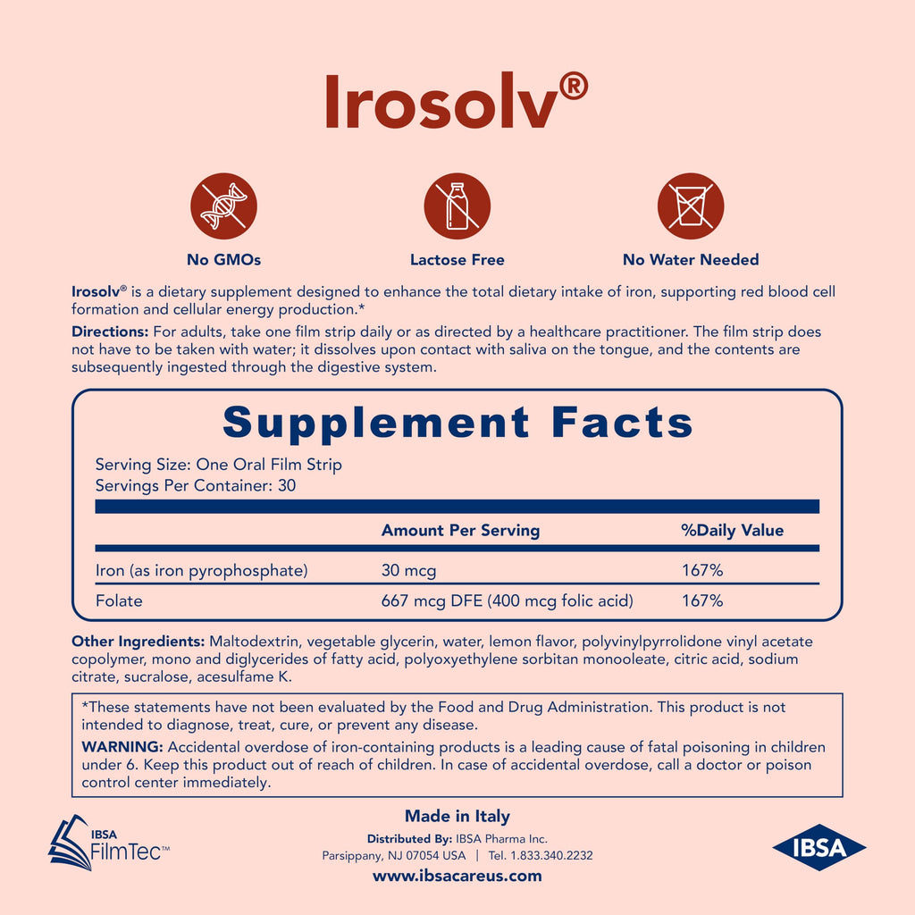 Irosolv – IBSA Iron - Dietary Supplement – 30 mg Iron 400 mcg Folic Acid-30 Oral Dissolving Films for Immediate Release and Tolerability - Gluten-Free, Lactose-Free, Sugar-Free, Non-GMO
