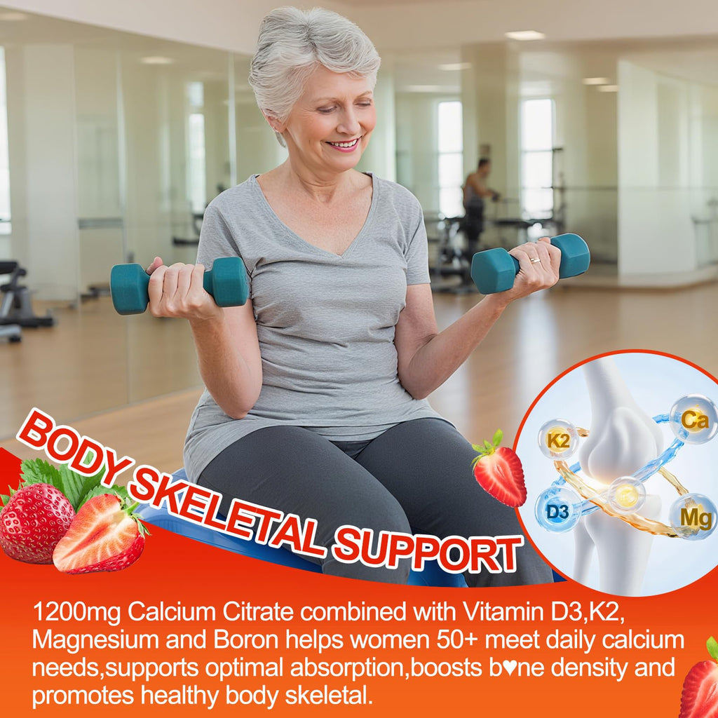 BSSTABBON 50+ Women’s Calcium Citrate Gummies: 1200mg Chewable Calcium Gummy Supplements Plus Magnesium Zinc Vitamin D3 K2 B12 B6 - Energy Immune Overall Health Support Vegan Sugar Free(120Count)