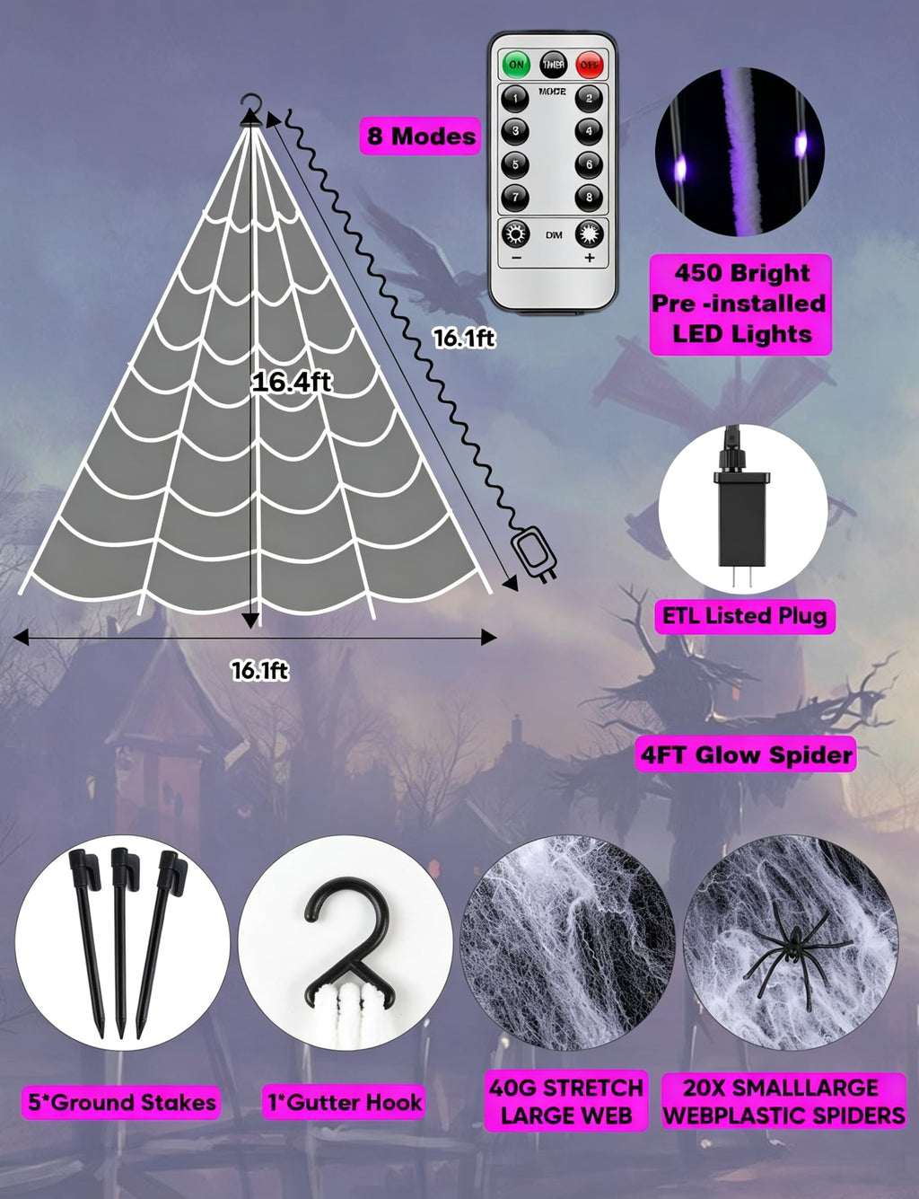 LCHUANG Spider Webs Halloween Decor Lights - 450 LEDs Outdoor Halloween String Lights with Light Up Spider,8 Modes Remote Control 16.4Ft Spiderweb,Waterproof (New Purple Grid Luminous Net)