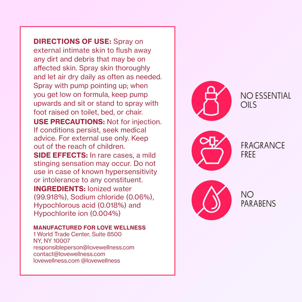 Love Wellness Intimate Skin Support I FDA-Cleared Cleanser Spray I Removes Buildup & Soothes Irritated Skin, Hypochlorous Acid Formula, pH Balanced & Fragrance Free, 4 fl oz