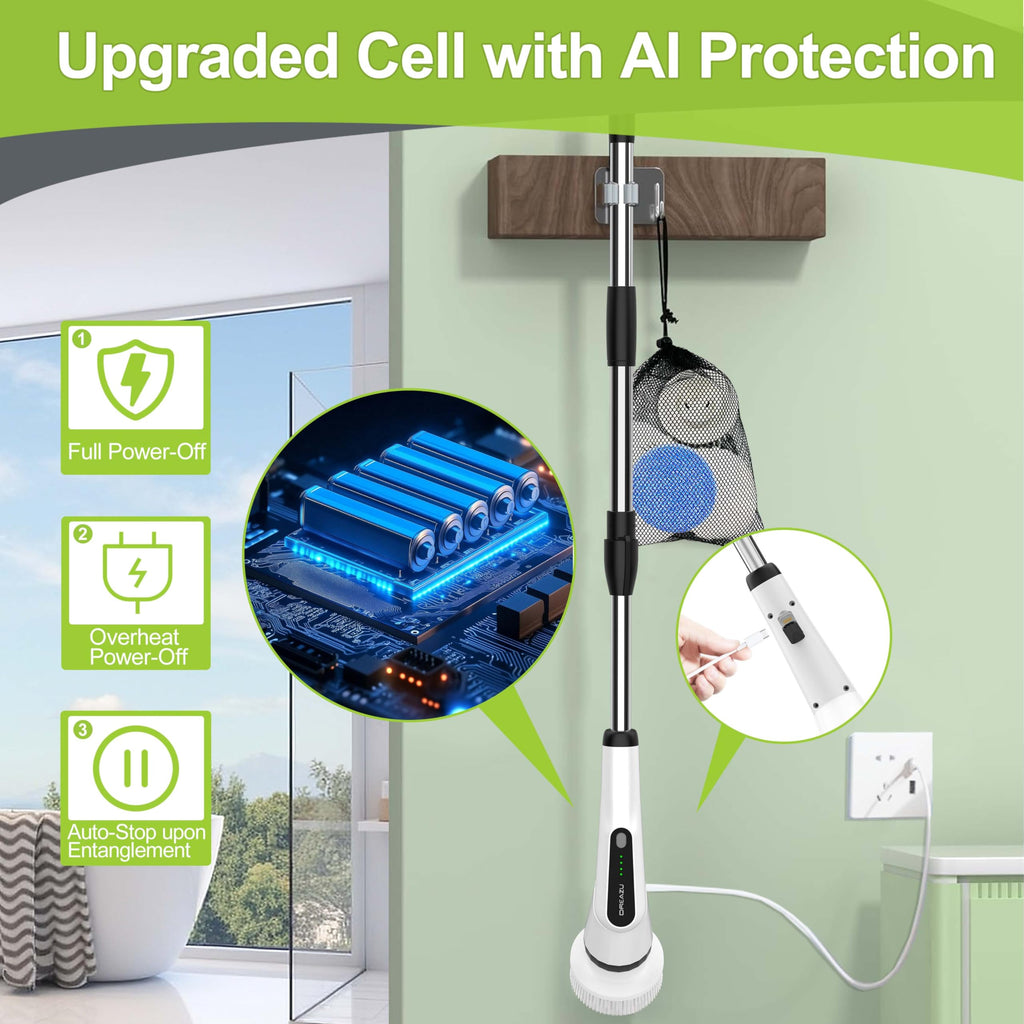 Electric Spin Scrubber, 10-in-1 Shower Scrubber & Retractable Long Handle, 44 lbs High-Torque & Variable Speed Shower Cleaning Brush for Bathroom,Toilet, Bathtub, Kitchen, Tile Floors