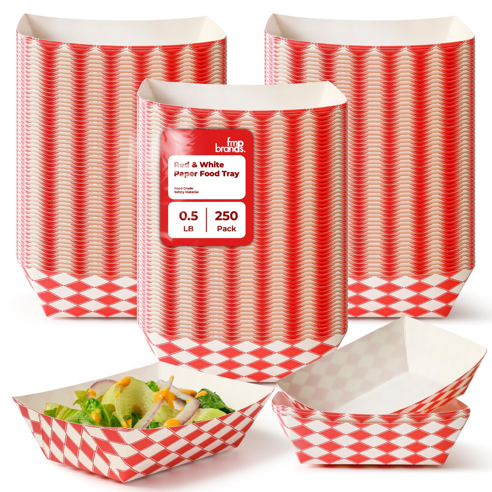 Fit Meal Prep [250 Pack 0.5 lb Paper Food Boats Heavy Duty Disposable Food Trays, Red Check Nacho Tray for Parties Fairs Picnics Carnivals, Holds Ketchup Cheese Sauce Pickles