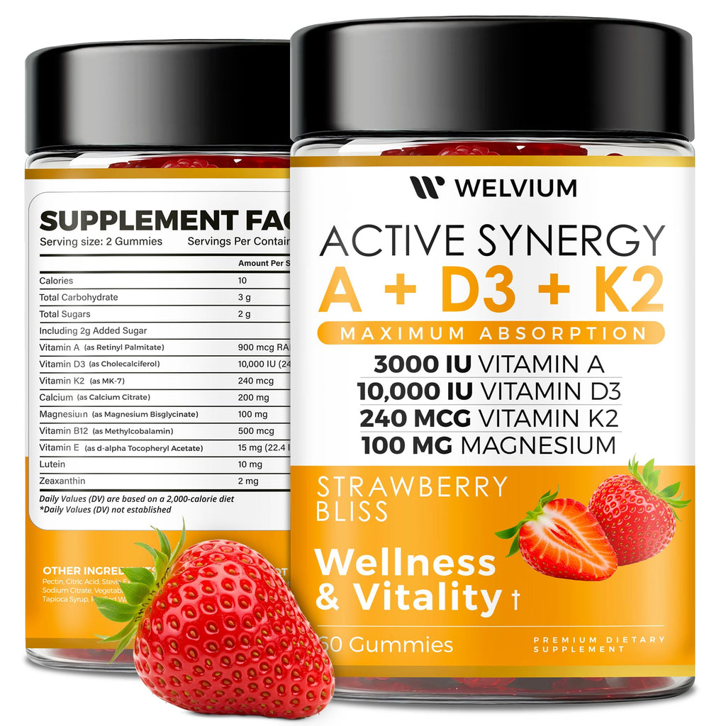 WELVIUM Vitamin D3 K2 Gummies 10000 IU with Magnesium Glycinate, Calcium, B12, K2 MK-7, Vitamins A, E, Lutein, Zeaxanthin - ADK Chewable Supplement for Bone, Eye, Immune Support - D3K2 Gummies