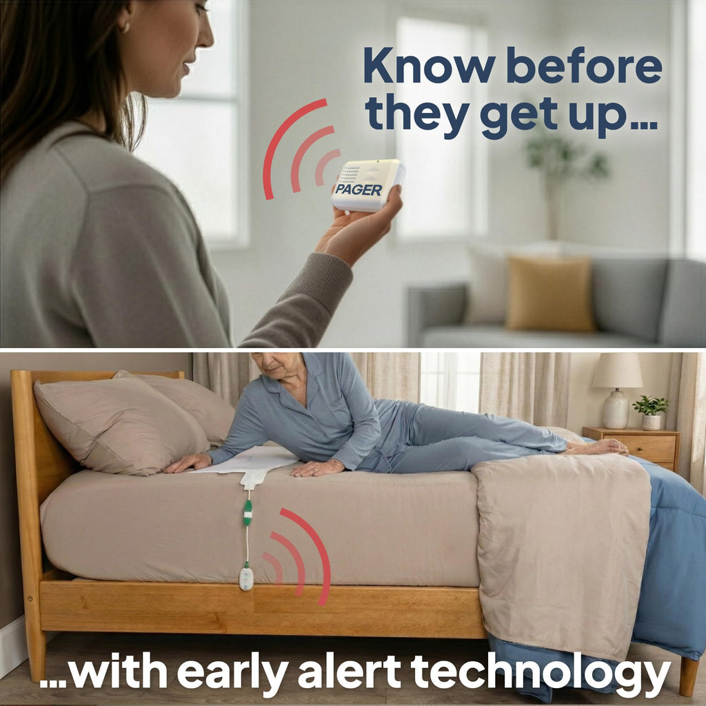 Smart Caregiver Bed Exit Alarm with Wireless Pager - Early Alert Fall Prevention for Seniors and Elderly - Weight Sensing Bed Pad Alerts Caregiver When They Get Up - USA Company and Customer Service