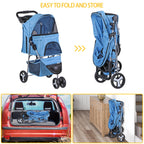 Foldable Pet Stroller for Cats and Dogs 3 Wheels Carrier Strolling Cart with Weather Cover, Storage Basket + Cup Holder (Blue)