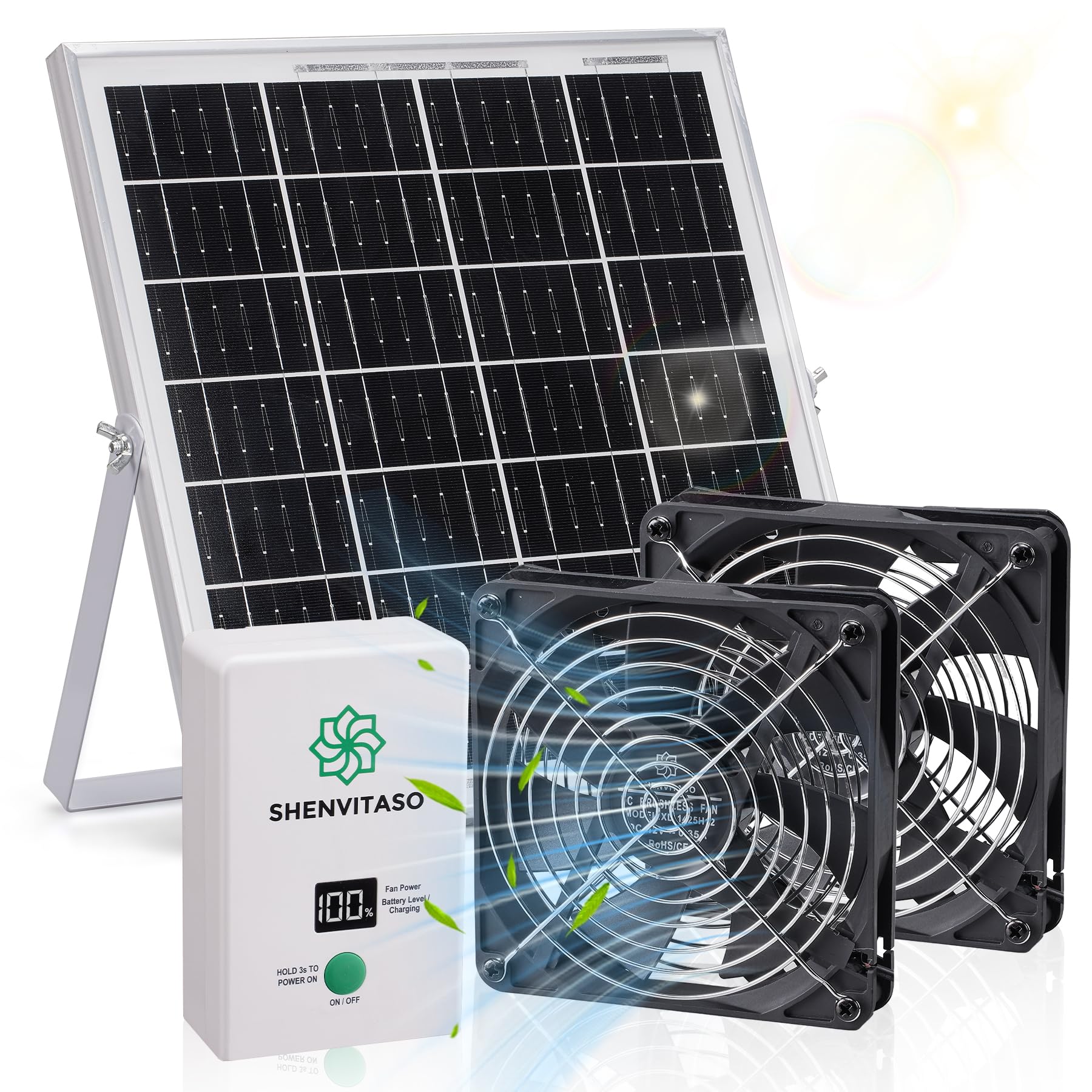 SHENVITASO Solar Powered Exhaust Fan with Battery, 25W Solar Panel Dual 5.5 Inch Fans, 450 CFM IPX7 Waterproof Solar Ventilation Fan Kit for Chicken Coop, Greenhouse, Shed, Garage, Dog House