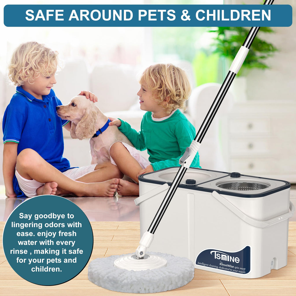 Gen 1 Large-Capacity Spin Mop and Bucket – for Big Homes & Deep Cleaning Days,4-Chamber System Separates Dirty & Clean Water, 2-GAL Heavy-Duty Design with Wheels & 8 Refill Mop Heads - White/Blue