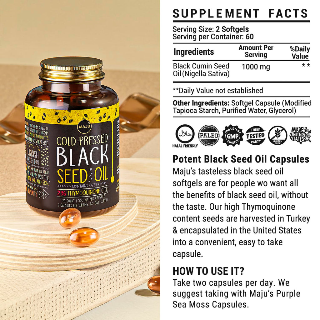 Maju Superfoods Black Seed Oil Capsules, Strong Cold Pressed, 2% Thymoquinone, 100% Turkish Black Cumin Nigella Sativa Seed Oil, Organic BSO, Liquid Blackseed, 120 Count, 500mg per Capsule