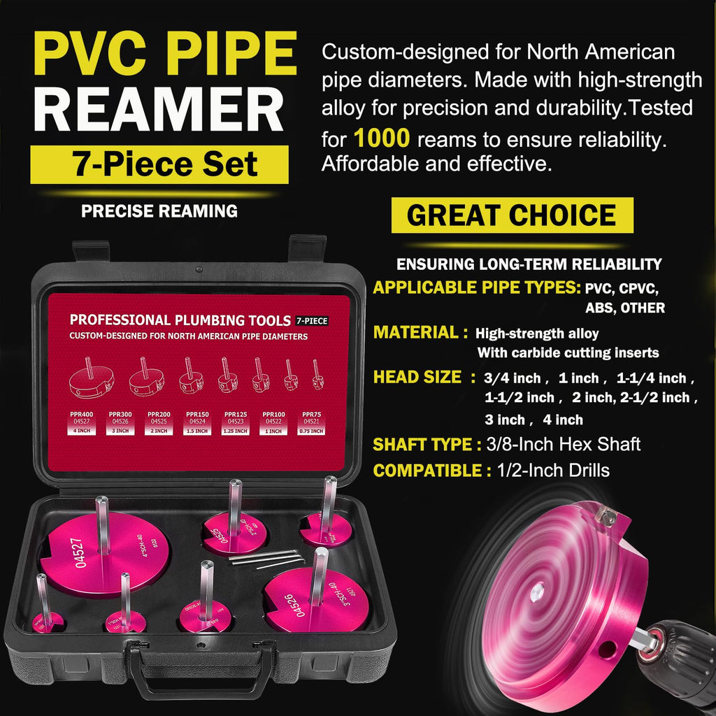 Premium 7Pcs PVC Pipe Reamer Kit For 1/2" Drills- Includes 3/4", 1", 1-1/4", 1-1/2", 2", 3", 4" Compatible with Standard 1/2" Drills,For SCH40 PVC, ABS PVC Pipe,CPVC Perfect for Plumbing Repairs