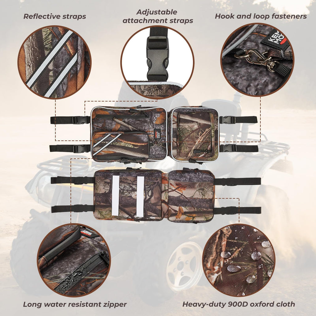 KEMIMOTO ATV Fender Bags, Detachable Gear Bags Water-resistance Saddle Bags with Water Holder Compatible with Sportsman Scrambler TRX FourTrax Outlander 570 Two Camo Storage Bags for ATV, Camo