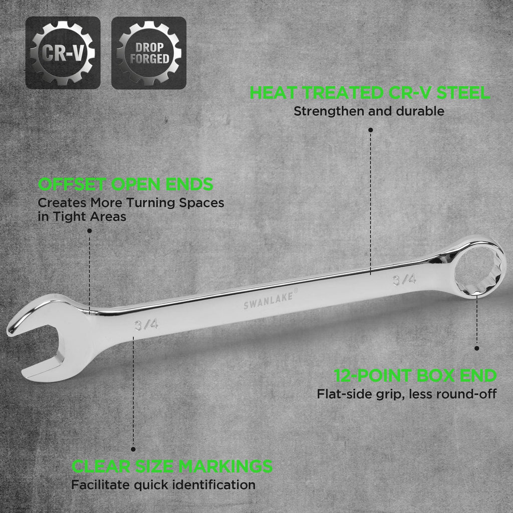 SWANLAKE 15-Piece SAE Wrench Set, V Notch Premium Combination Wrenchs Set, SAE 1/4" to 1-1/16", Max Torque, 12-Point, Chrome Vanadium Steel, with Storage Rack