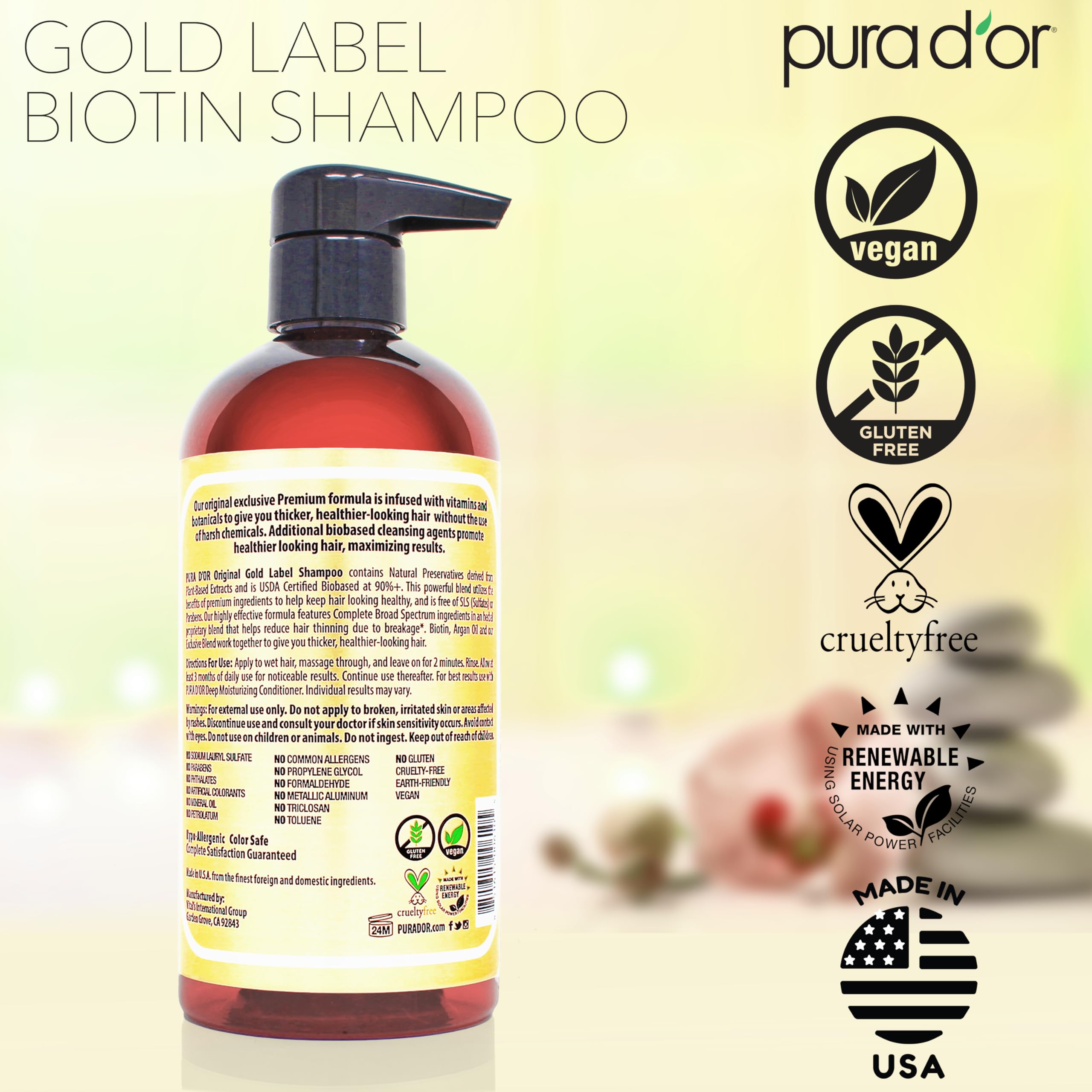 PURA D'OR Original Gold Label Anti-Thinning Shampoo – CLINICALLY TESTED Botanical Formula – Biotin & Argan Oil – Sulfate-Free Strengthening & Volumizing for Fuller-Looking Hair, Men & Women, 16 fl oz