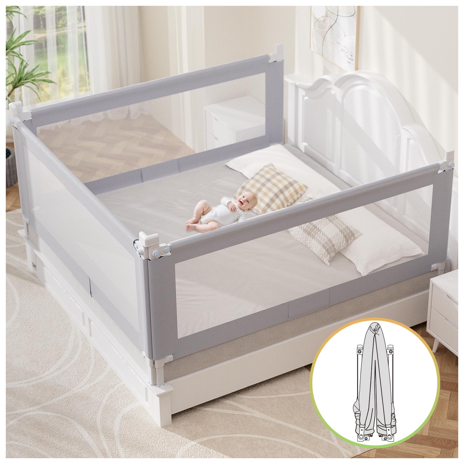 omzer Toddler Bed Rails Guard Foldable Crib Rail Guard,Baby Bed Rail for Toddlers/Elderly with Reinforced Anchor Safety for Cribs, Twin, Double, Full Size Queen & King Bed (48")