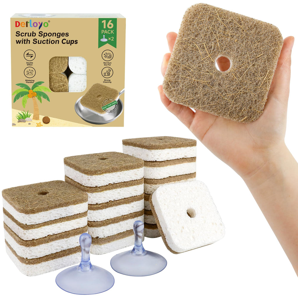 16 Pack Biodegradable Natural Kitchen Sponges, Compostable Cellulose & Coconut Square Scrubber, Dual Sided Dish Sponge for Washing Dishes, Eco Friendly