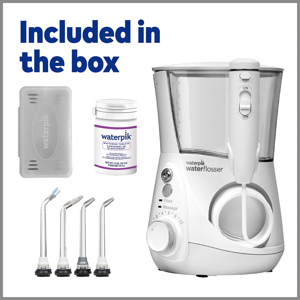 Waterpik Whitening Professional Water Flosser, Electric Power With 10 Settings, 30 Whitening Tablets, Whitens Teeth Gently, White WF-05