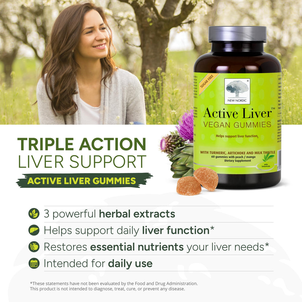 New Nordic Active Liver Gummies, Milk Thistle, Artichoke & Turmeric Supplement, Natural Peach & Mango Flavor, Sugar Free & Vegan, 60 Count (Pack of 3)