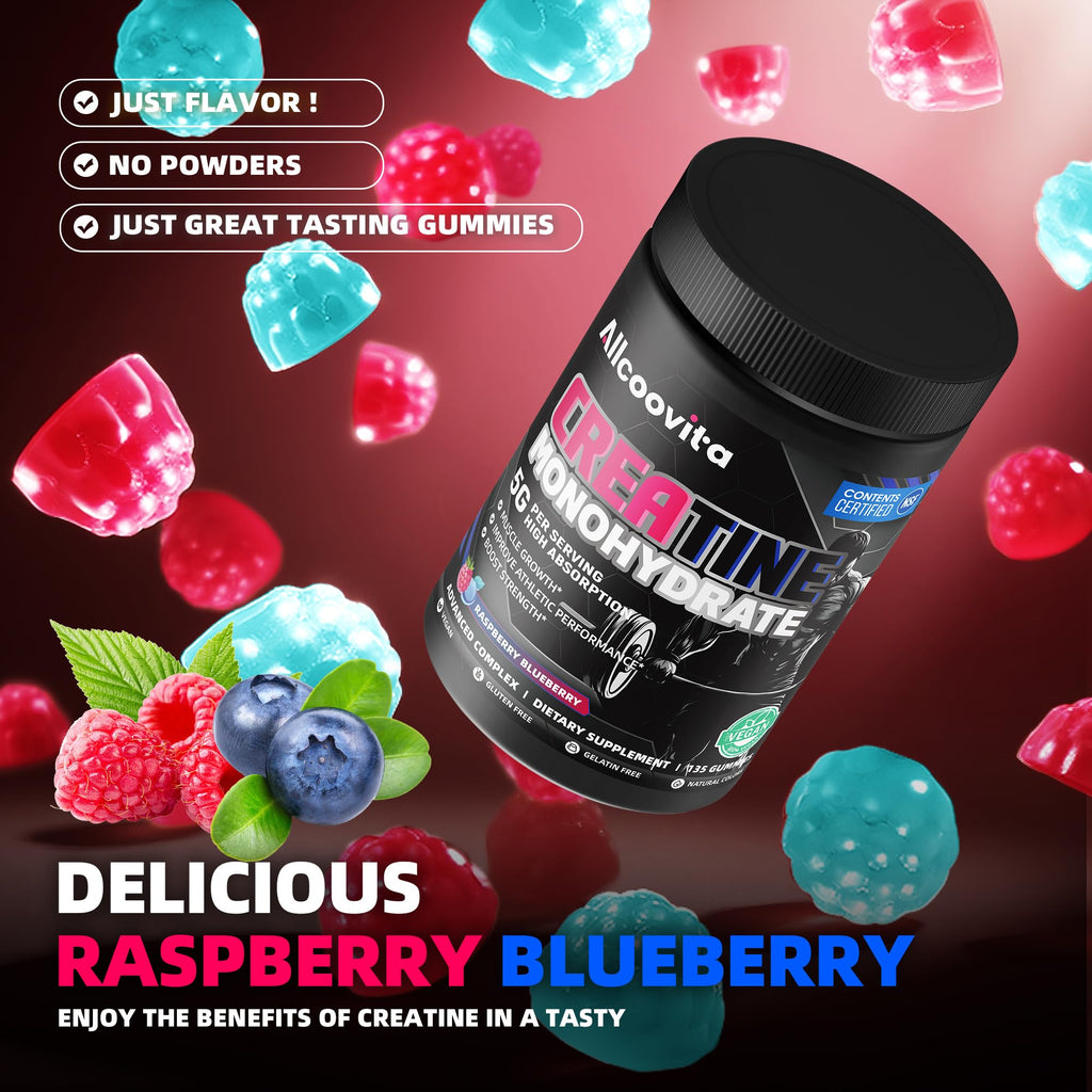 NSF Certified Creatine Gummy 5g - Creatine Monohydrate Gummies for Men & Women. Boost Focus,Strength, and Endurance, Anti-Melting Formula, Vegan, Gluten-Free, Non-GMO,(Raspberry & Blueberry 135 ct)