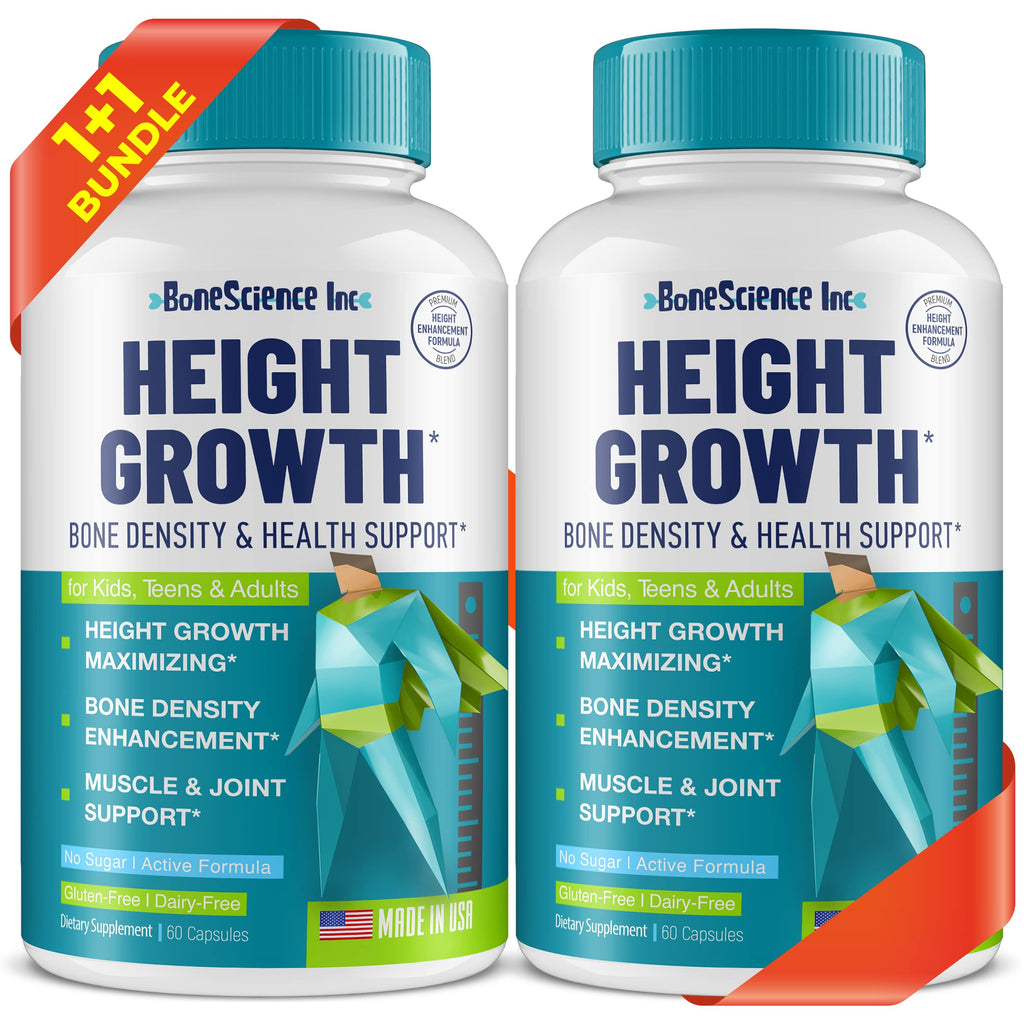 BoneScience Inc Height Growth Maximizer - Growth Optimization Supplement for Teens & Young Adults – Bone & Development Support with Calcium, Vitamin D3, Zinc & Amino Acids – 2 Pack (60 Count Each)